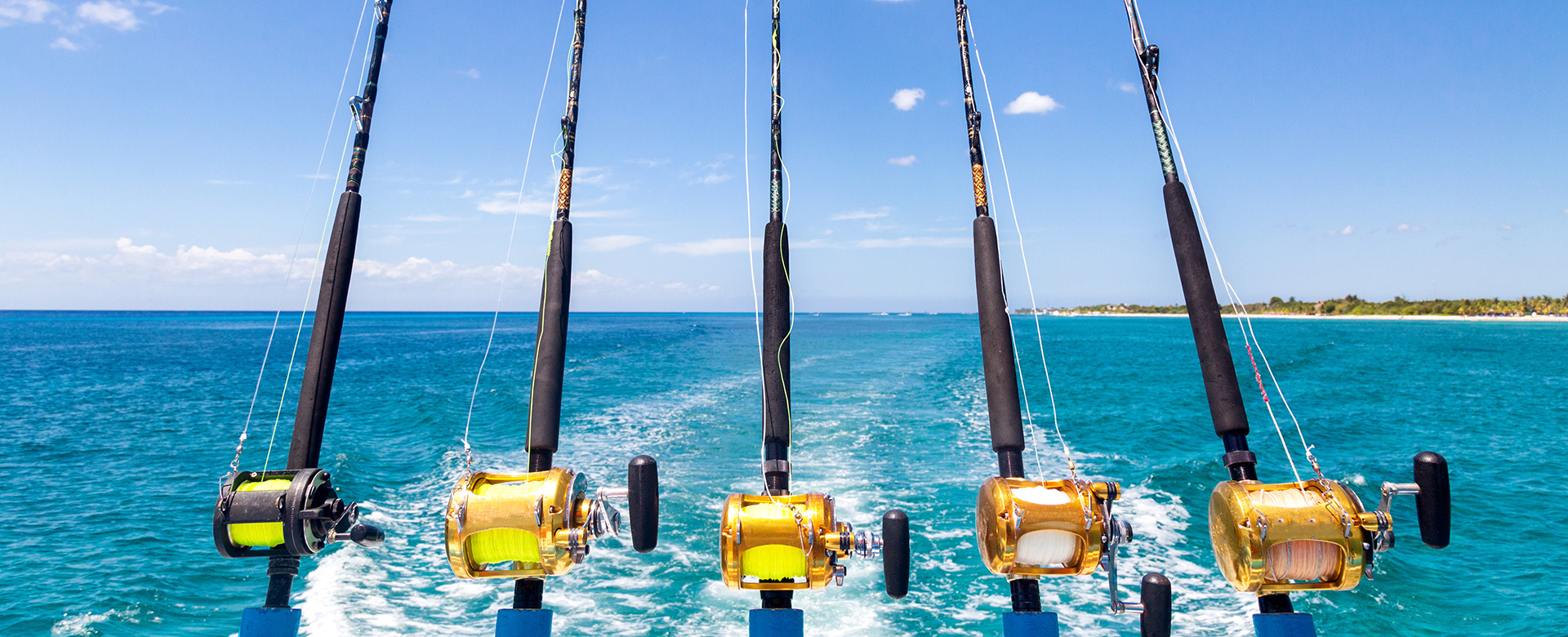 five fishing poles on a boat