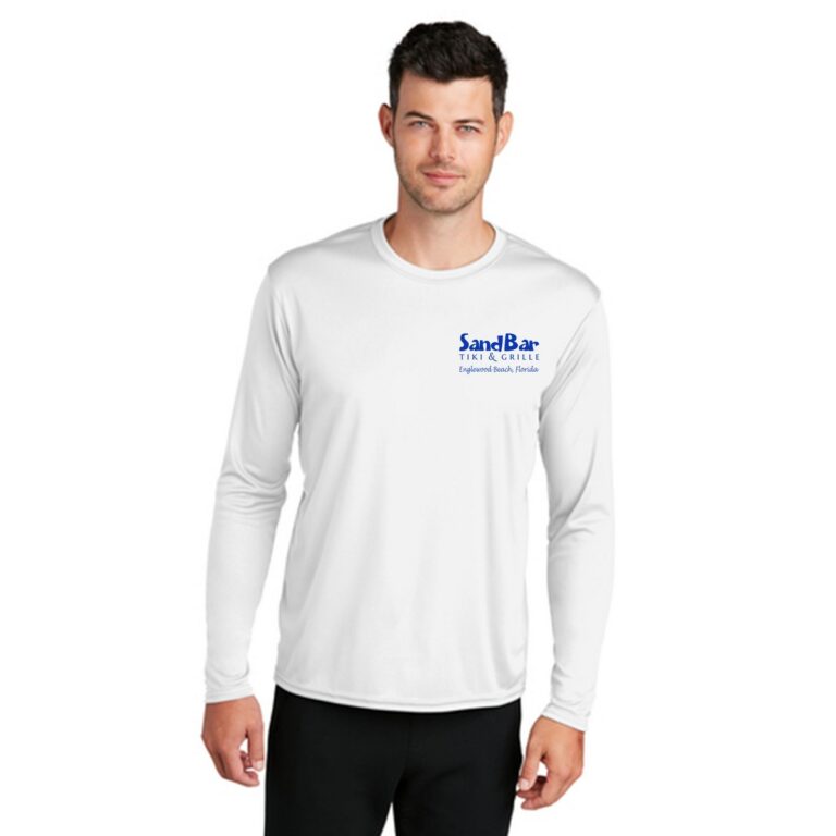 man wearing Sandbar Tiki & Grille Crewneck Sweatshirt on white background